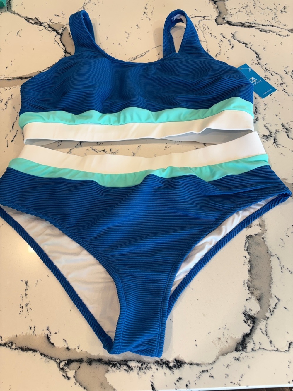 Cupshe Blue Ribbed Woman Two Piece Swim Set with Aqua and White Bands. Size XL